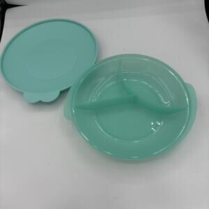 Tupperware Dish Reheatable 3 Way Divided Plate w Seal Lid‎ Safe Teal Aqua D2